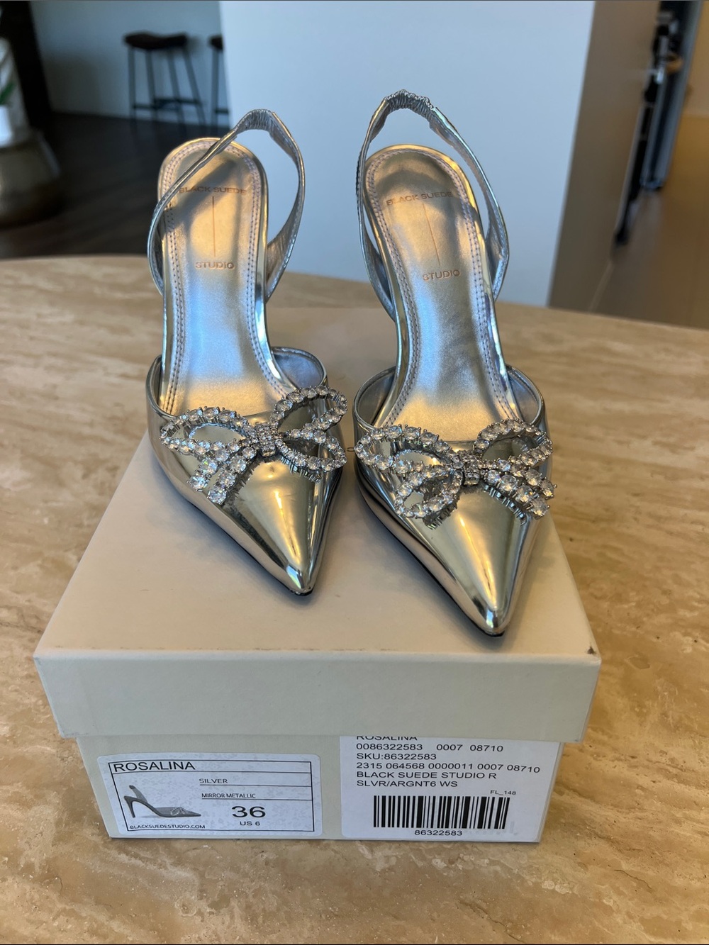 Black Suede Silver Pointed Toe Slingback Heels with Crystal Bow